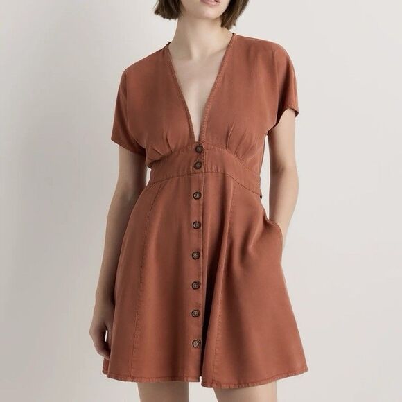 Quince Dresses & Skirts - Quince Vintage Wash Tencel Button Front Tie Back Dress Terracotta Size Small